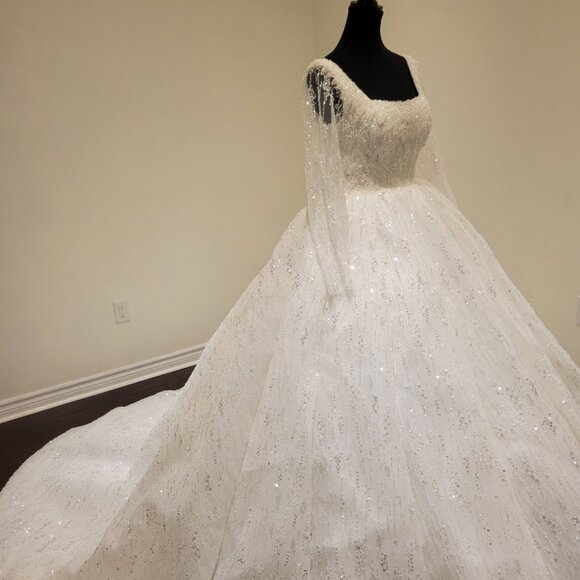 Sparkling White Wedding Dress Gown with Sequin and Beaded Embellishments - Picture 2 of 16